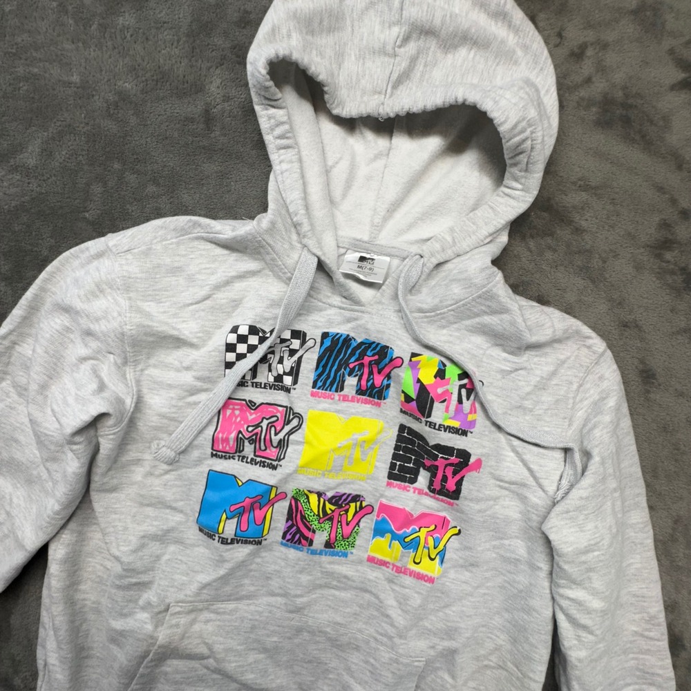 Kids MTV Music Television Hoodie Graphic Neon Blocks Gray Pullover Sweatshirt